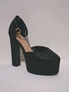 Noir Satin Architectural Platform Pump Block Heel Quiet Luxury Bratz Style 8.5
